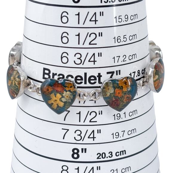 Estate Mexico Dried Flower Resin Heart Bracelet Sterling Silver 925 | 7.25" - Picture 7 of 8